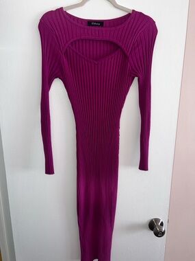 Ribbed Cutout Long Sleeve Dress in Magenta